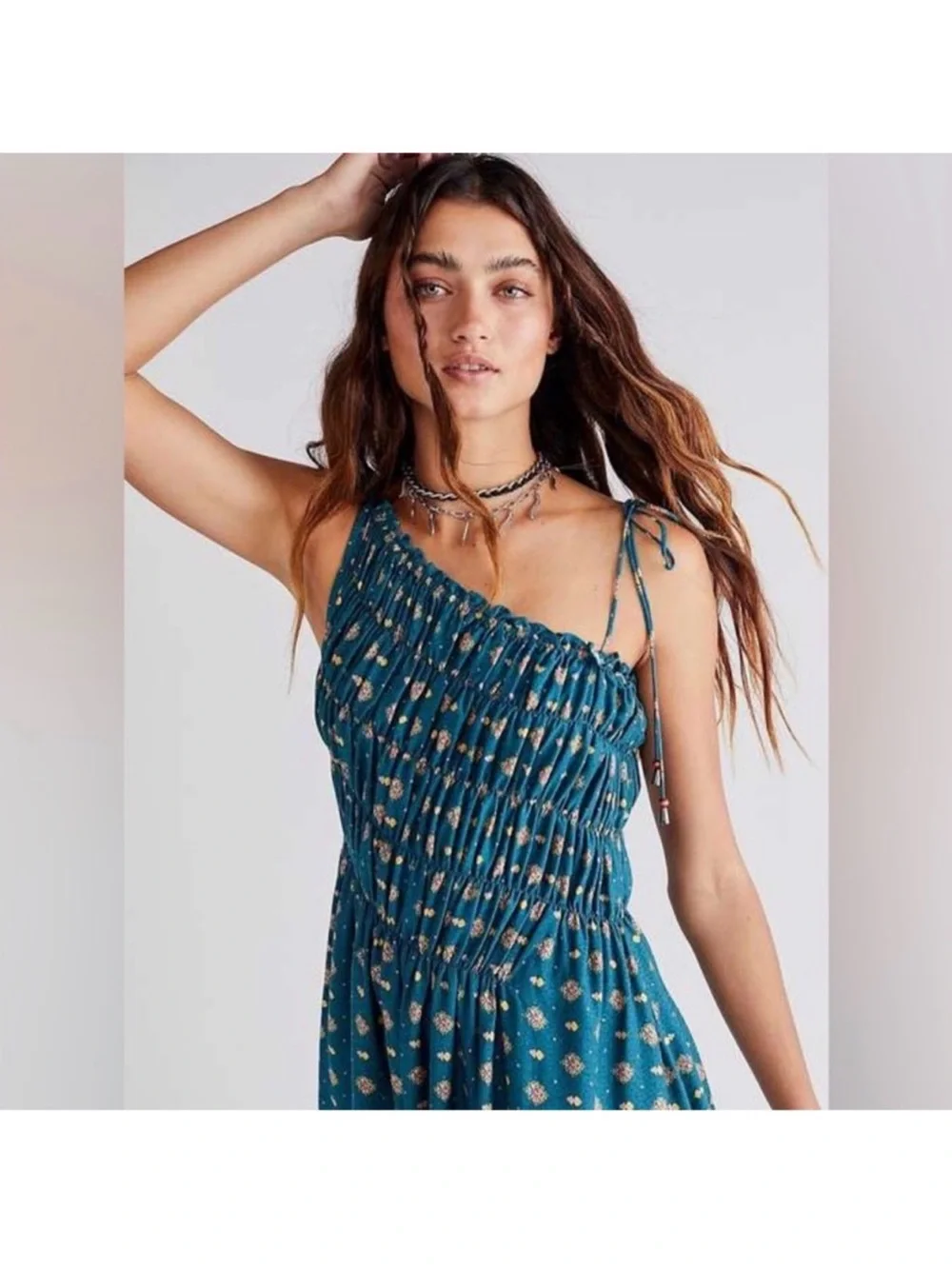 Free People Clementina Asymmetrical Mini Dress Teal Blue size Large Oversized